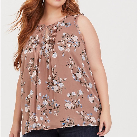 torrid Tops - Torrid TAUPE FLORAL RUFFLE PINTUCK CHIFFON TANK